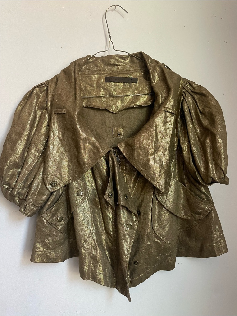Vintage Nicholas K 100% Linen Metallic Golden Olive Puff-Sleeve Cropped Jacket